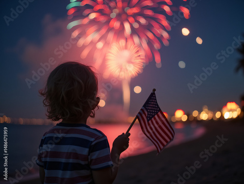 Child watching fireworks holding american flag beach night