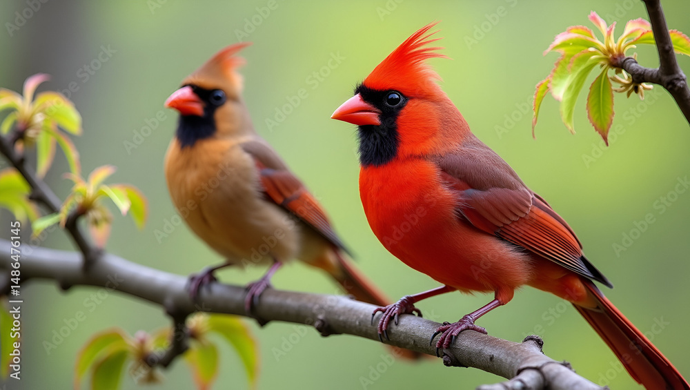 Fototapeta premium Robin and male cardinal perched on branches in a natural garden setting