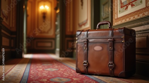 vintage brown leather suitcase standing alone in elegant hotel hallway