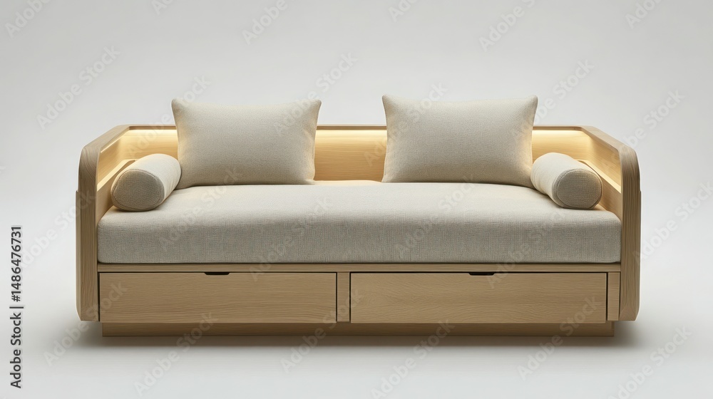 Light-accented wooden sofa with storage. Soft cream upholstery, simple lines, modern design, built-in drawers Light-accented wooden sofa with storage. Soft cream upholstery, simple lines, modern design, built-in drawers