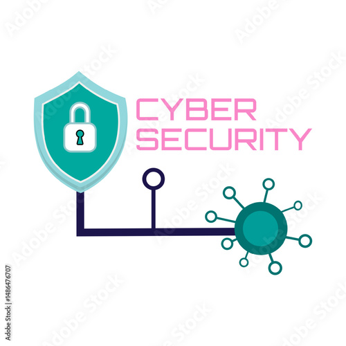 Vector Cybersecurity concept with shield, padlock, Virus Icon, and digital circuit. Modern design with text CYBER SECURITY in pink. Symbol of data protection and internet safety.