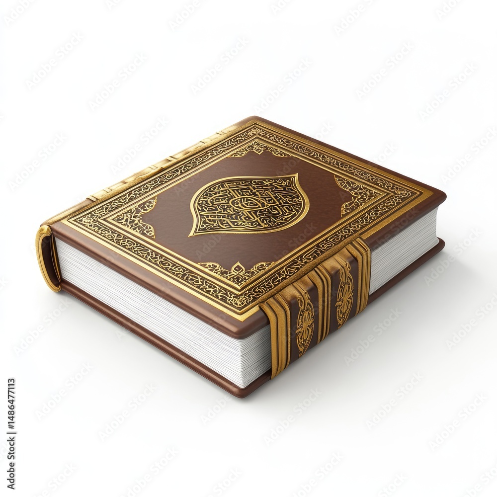 Fototapeta premium Ornate, leather-bound book resting on a plain white surface.
