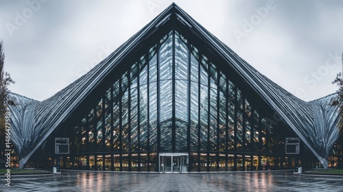 Modern Architectural Design of a Triangular Building - Sleek, triangular building with glass facade, showcasing modern architecture. Rain reflects on the ground