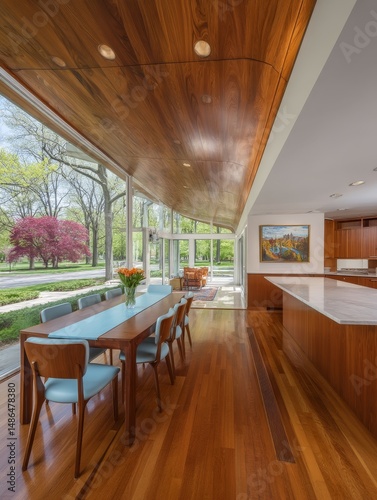 Modern Mid-Century Dining Room Design - A stunning mid-century modern dining room with a wood ceiling, large windows overlooking a tree-lined street, and a light blue runner on the dining table photo