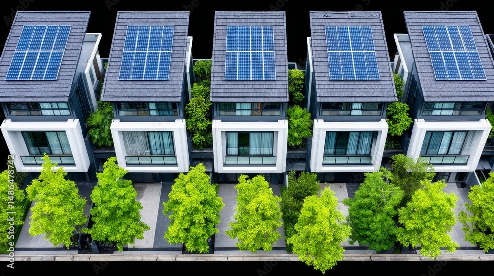 Fototapeta premium Modern Solar Powered Homes Aerial View - Sustainable living, eco-friendly homes, renewable energy, modern architecture, urban development