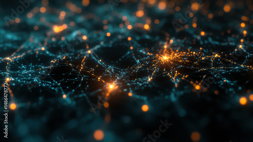 Visual representation of a complex network of connected nodes and glowing particles in a dark background showcasing data flow and connectivity