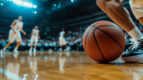 Basketball rolls on a wooden court during a lively game with enthusiastic fans watching in a packed stadium