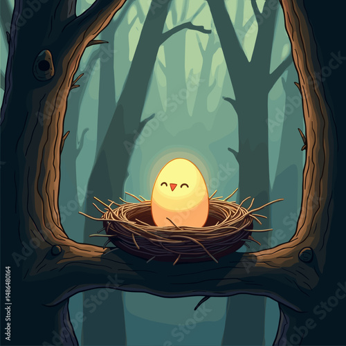 Cheerful egg resting in a cozy nest on a tree branch in a forest  