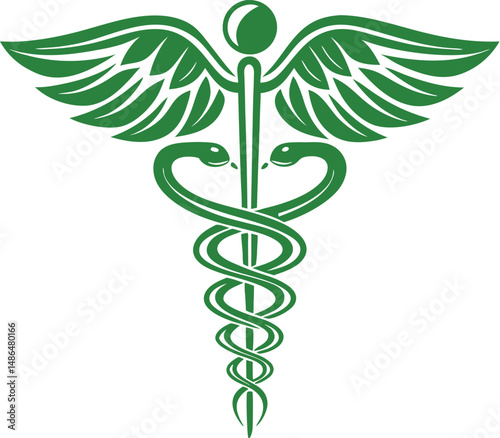 The caduceus, a medical symbol featuring snakes and wings, represents healthcare and medicine as a vector illustration icon