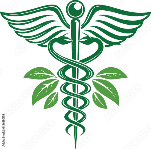 Caduceus medical symbol on white background shows a gold sign with intertwined snakes and wings, representing medicine and healthcare