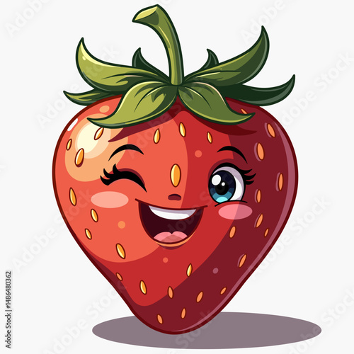Cute smiling cartoon strawberry character with winking expression  