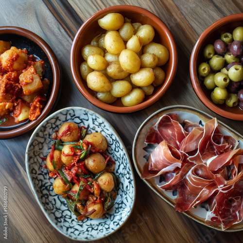 Spanish tapas including patatas bravas, olives, and jamón, arranged on small plates