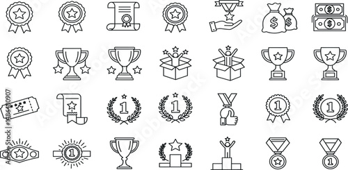 Wallpaper Mural Awards and Bonuses Editable Icons set. Vector illustration in modern thin line style of icons, such as: Cups, Awards, Medals, Diplomas, Champion, Number One, Stars, Winner, Ribbon. Torontodigital.ca
