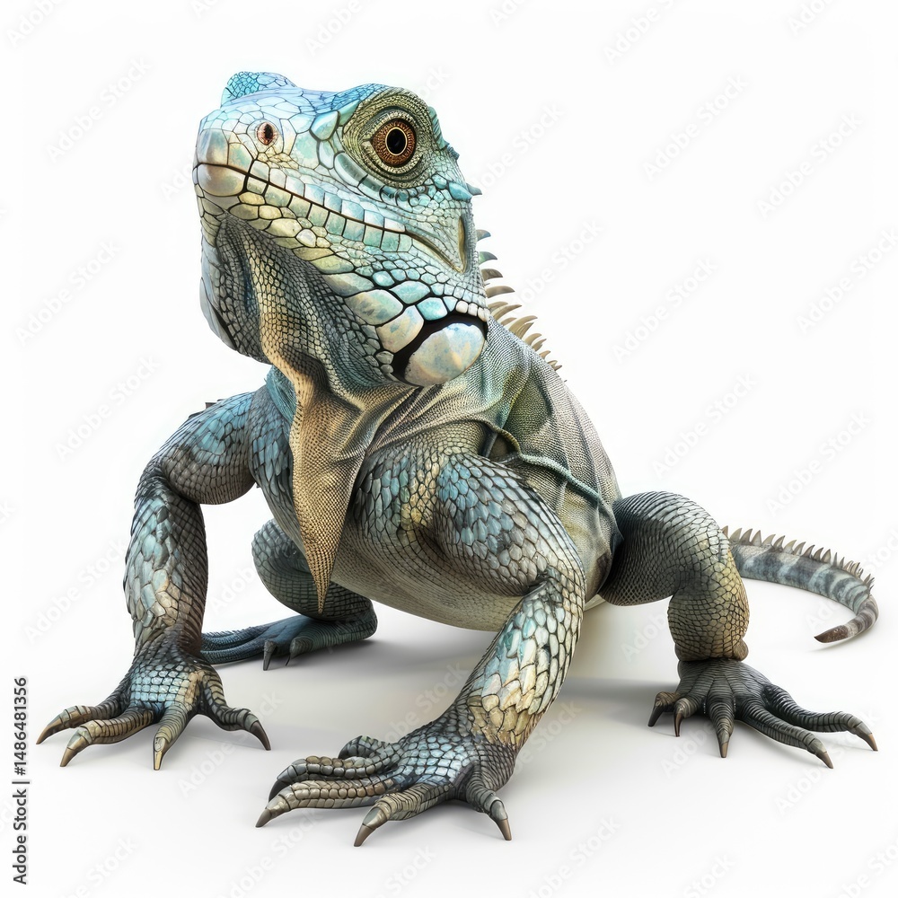 Obraz premium Close-up view of a colorful iguana against white background.