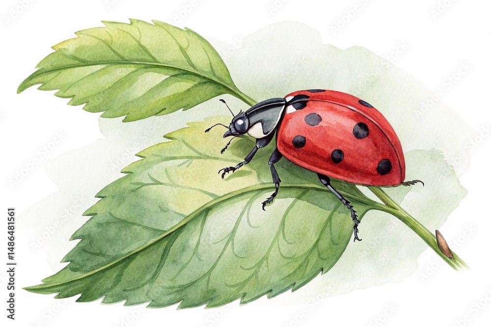 Fototapeta premium Ladybug on a leaf, watercolor clipart illustration with isolated background.