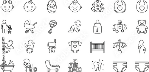 Baby Line Editable Icons set. Vector illustration in modern thin line style of children care related icons: toys, accessories, clothes for babies, and more.
