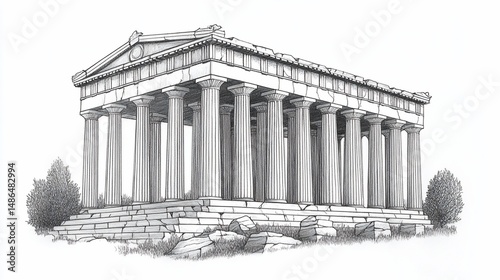 Pencil sketch of a classic Greek temple, featuring columns, steps, and intricate stonework