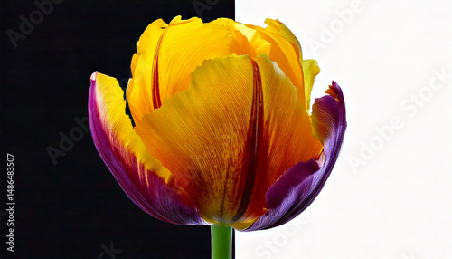 parrot tulip, close-up flower, purple and cream petals, floral macro, dramatic bloom, exotic tulip, botanical photography, ornamental flower, natural elegance, isolated flower, vivid coloration, garde