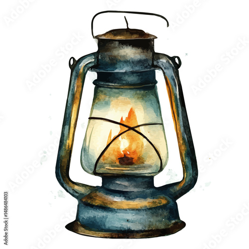 Classic Lantern With A Flickering Flame, watercolor vector, high quality, isolated on a white background.