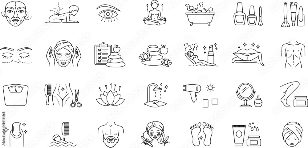 Beauty Line Editable Icons set. Vector illustration in thin line modern style of body care related icons: cosmetic procedures for face and body, diet, cosmetics, and more. Beauty Line Editable Icons set. Vector illustration in thin line modern style of body care related icons: cosmetic procedures for face and body, diet, cosmetics, and more.
