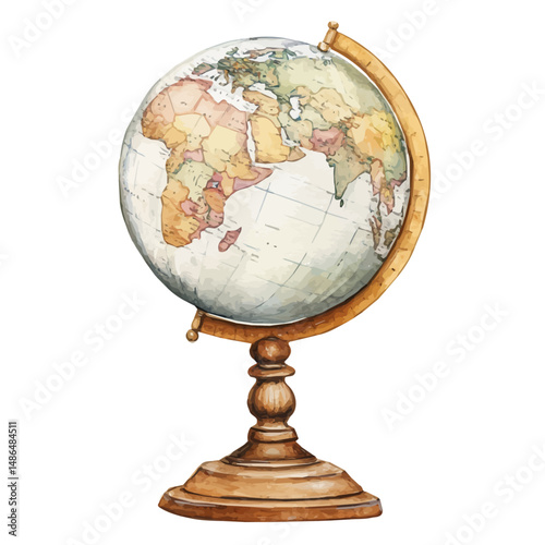 Classic Globe On Wooden Stand, watercolor drawing vector, high quality, isolated on a white background.
