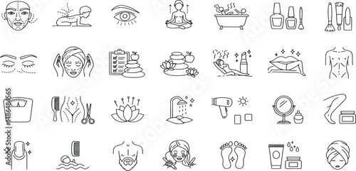 Beauty Line Editable Icons set. Vector illustration in thin line modern style of body care related icons: cosmetic procedures for face and body, diet, cosmetics, and more.