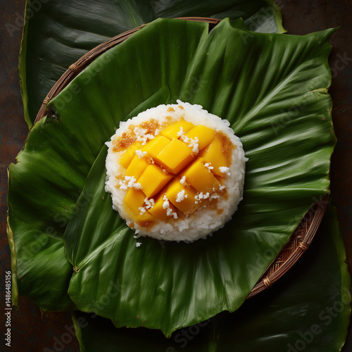 Traditional Thai mango sticky rice with coconut milk, on banana leaf