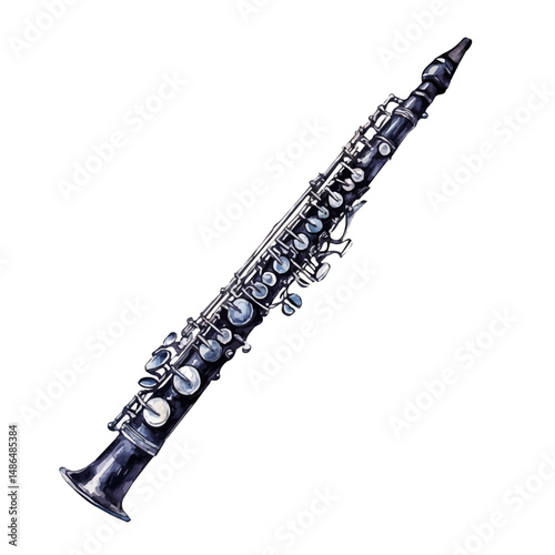 watercolor vector of Clarinet With Silver Keys, high quality, isolated on a white background.
