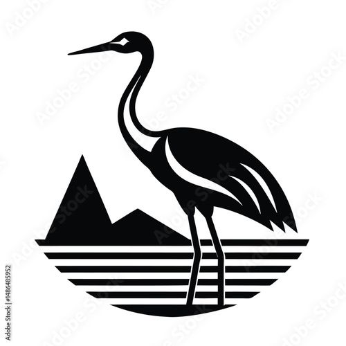 Elegant crane bird silhouette lakeside mountain view