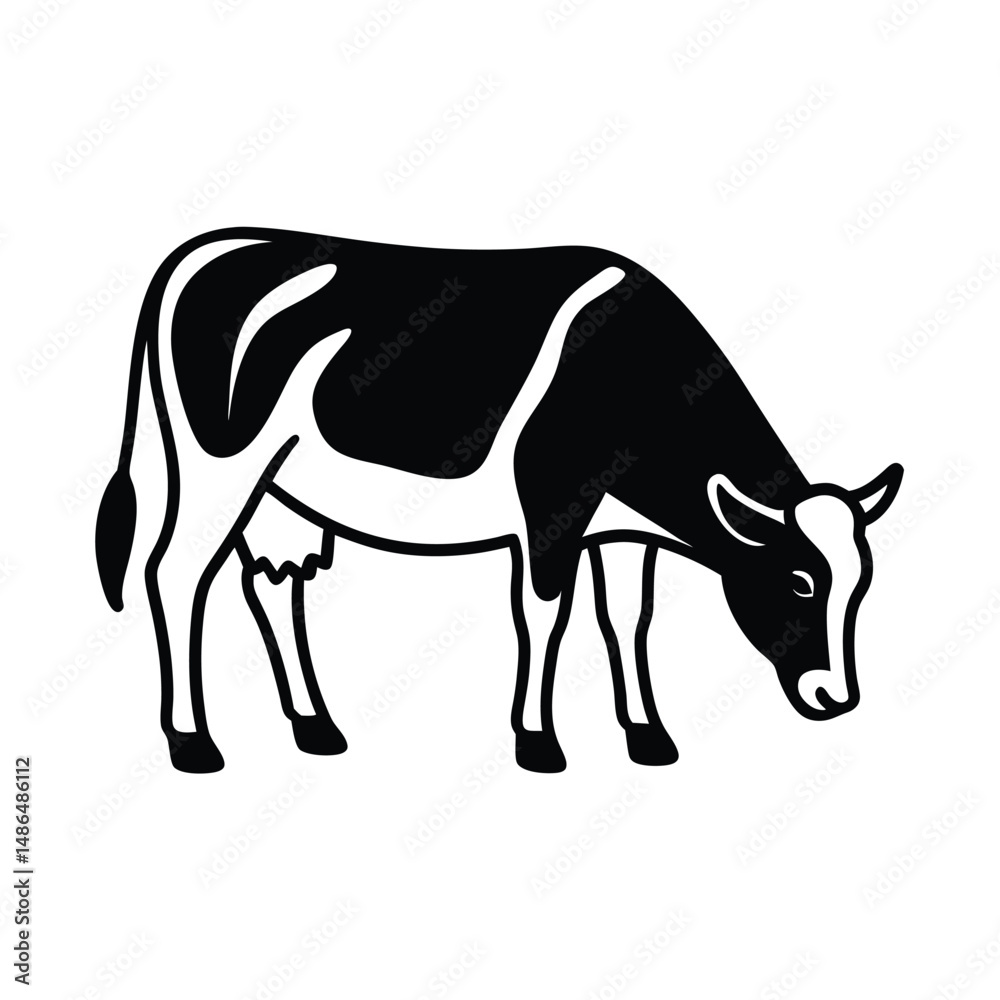 Obraz premium Black and white cow grazing farm animal illustration