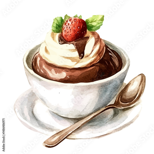 Chocolate Mousse In A Delicate Cup, watercolor clipart vector, high quality, isolated on a white background.
