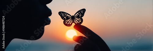 Sunset Serenity: Woman and Butterfly - Silhouette of a black person gently touching a butterfly against a vibrant sunset backdrop. Peaceful and evocative