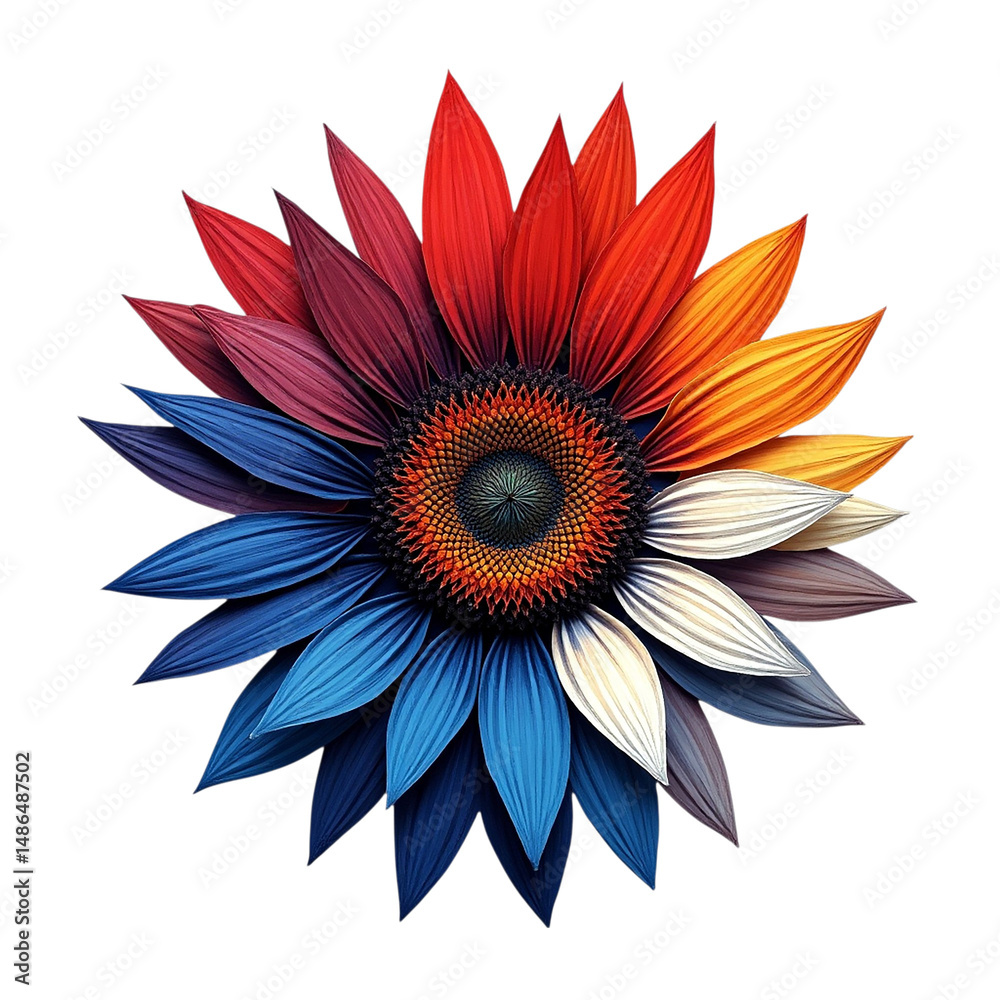 Fototapeta premium Close up of a colorful USA flag color sunflower with rainbow gradient petals isolated on a transparent background