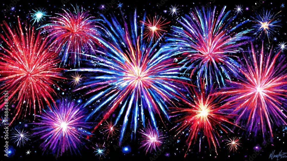 Naklejka premium Vibrant Fireworks Display - A stunning of colorful fireworks exploding against a dark night sky. Perfect for celebrations and festive occasions