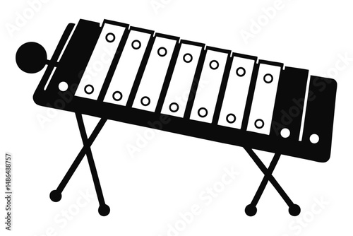 Black and White Xylophone Illustration with Mallet on a Stand, Simple Design
