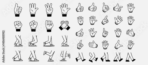 Retro cartoon legs and hands, Hands with gloves and feet with boots, various poses for characters, a set of poses, gestures, placement of hands and feet. Mascot character set. Cartoon set of limbs.eps