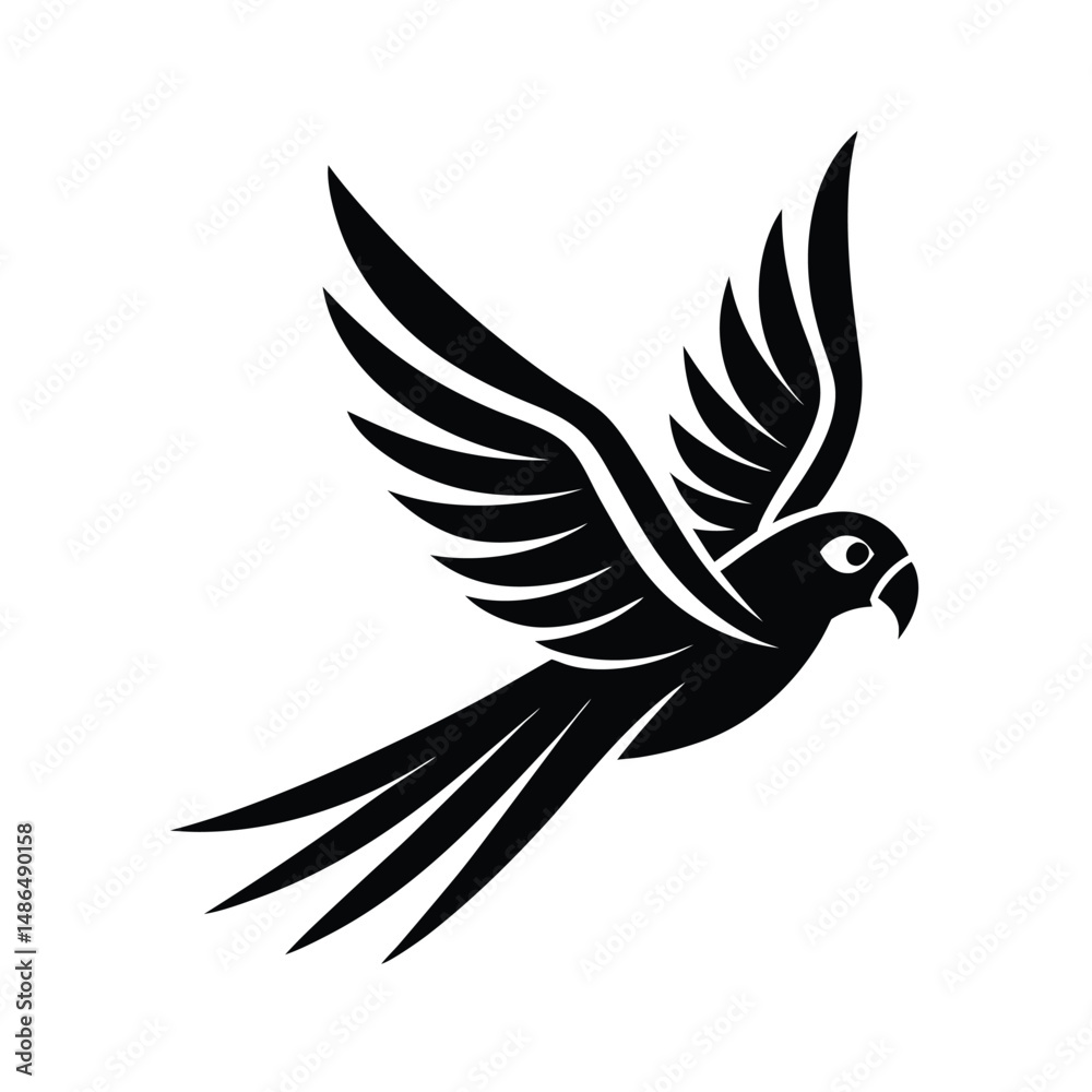 Fototapeta premium Black parrot in flight winged bird silhouette