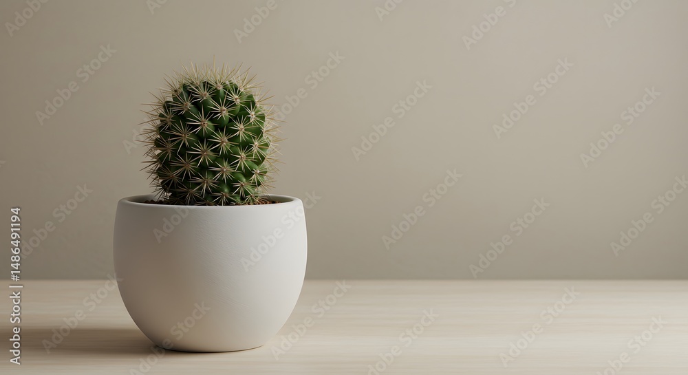 Small cactus in a white ceramic pot against a pale beige background. Small cactus in a white ceramic pot against a pale beige background.