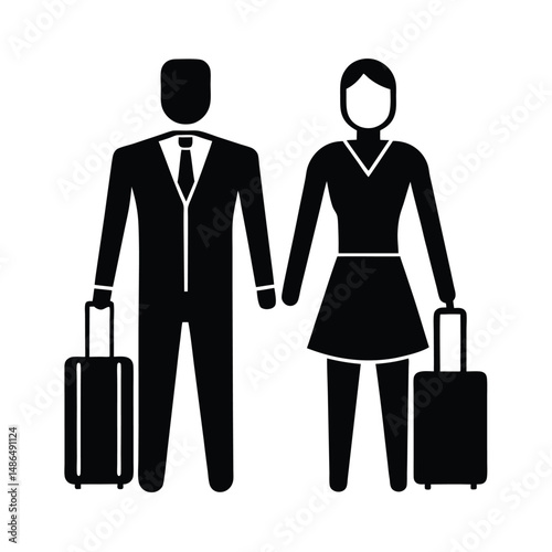 Business couple traveling together suitcases airport