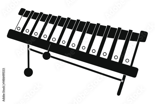 Black and White Illustration of a Xylophone Musical Instrument with Mallets and Frame