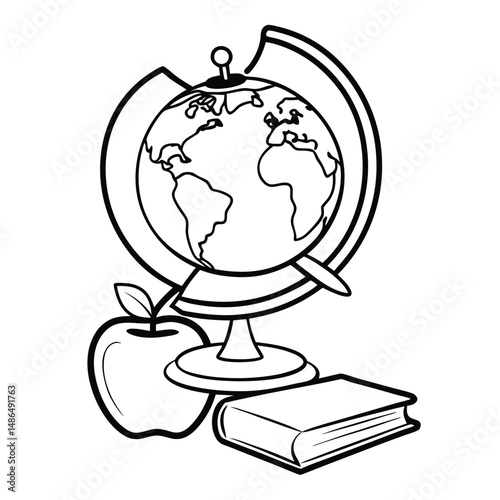 Free Printable: Globe, Apple, Book - Back to School Clipart Coloring Page