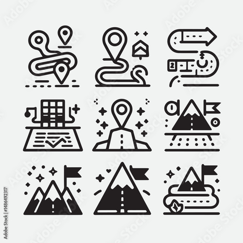 Business strategy, business plan, mission vision, growth chart, profit analysis, market research, goal setting sales funnel SWOT analysis strategic thinking roadmap financial goal icon set