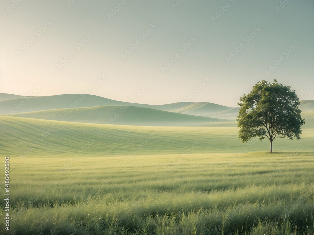 Obraz premium Vast minimalist nature landscape with a solitary tree standing in a green field under a serene sky