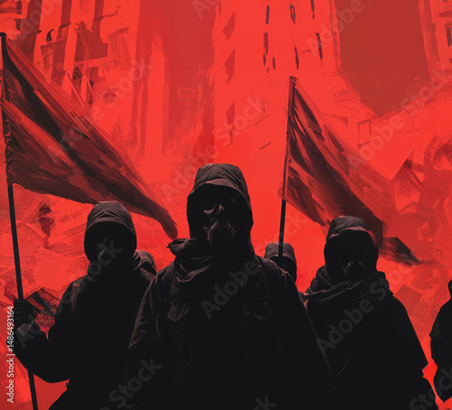 Hooded figures holding flags in during a street protest