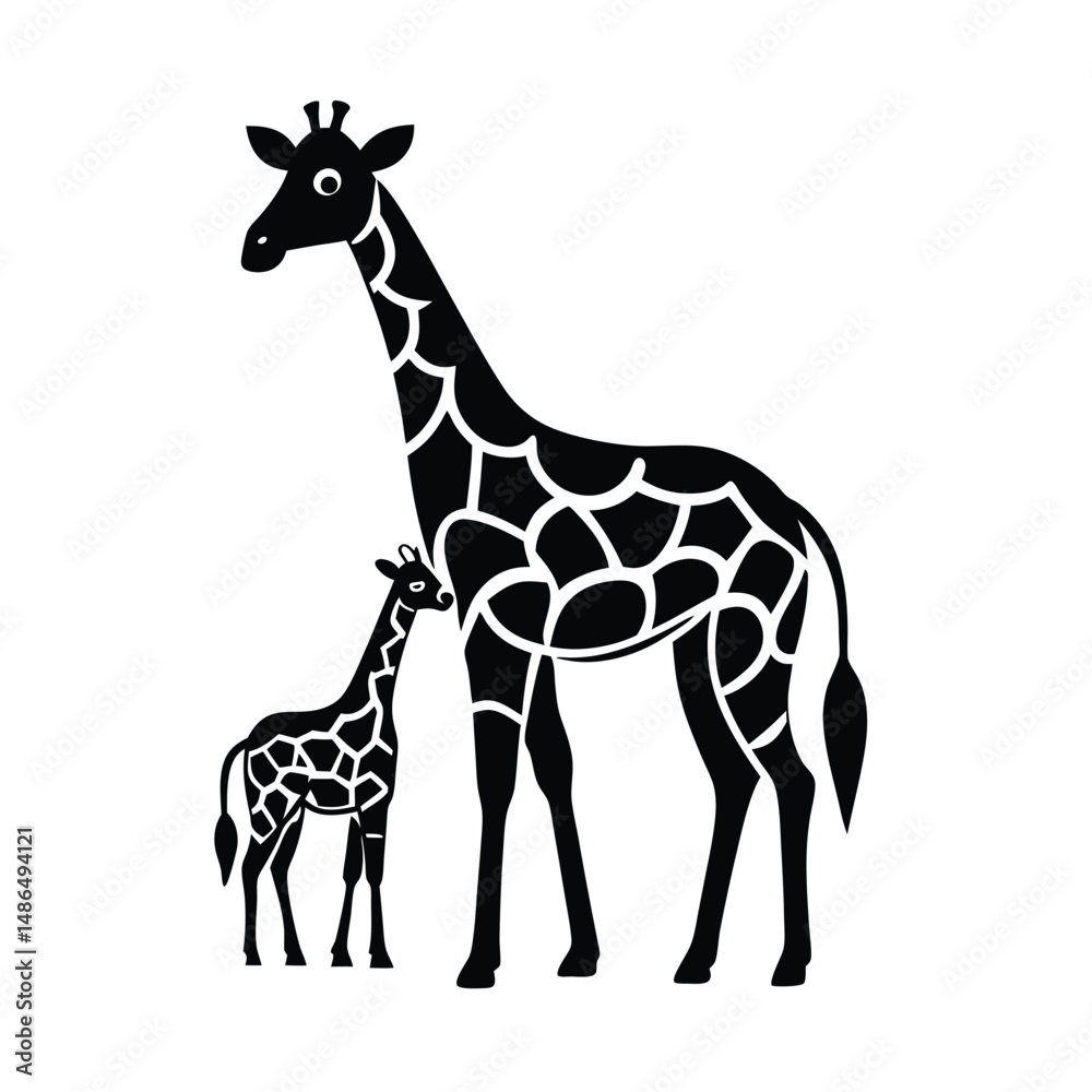 Naklejka premium Mother giraffe and baby giraffe silhouette art