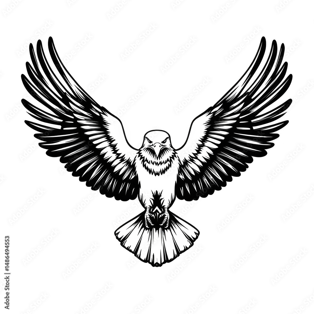 Obraz premium Intricate black and white illustration of bird with outstretched wings, showcasing detailed feather patterns and symmetrical design. bird appears majestic and powerful