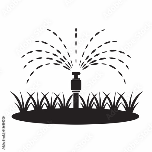 Sprinkler spraying water over green grass in garden landscape  