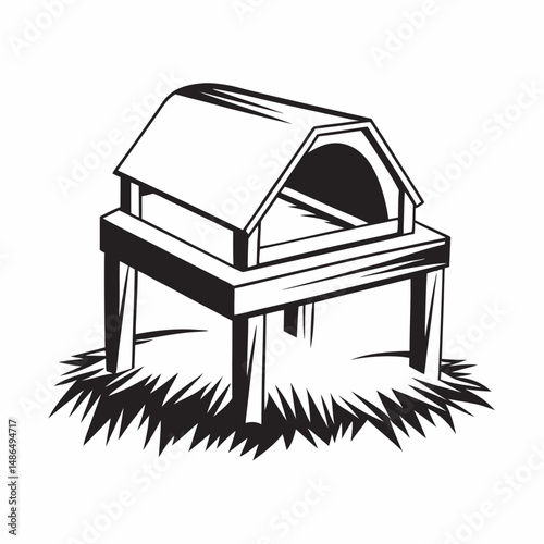 Doghouse design in a simple black and white illustration style  