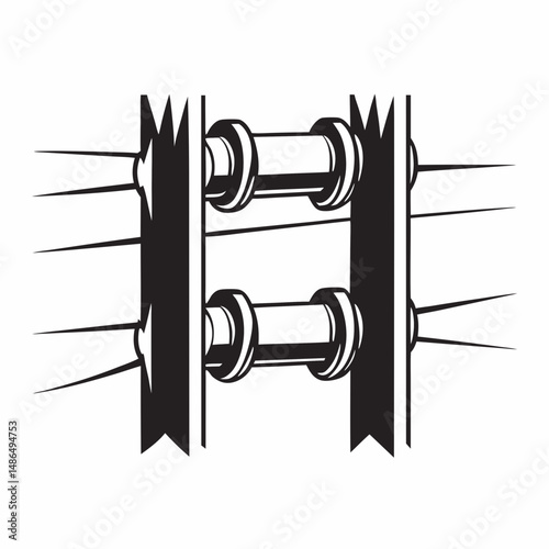 Barbed wire fence with metal posts in a distinctive design  