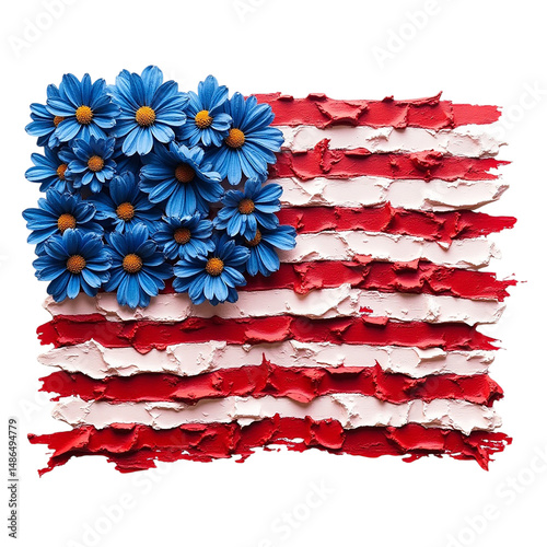 American flag made of red and white paint strokes with blue daisies isolated on a transparent background